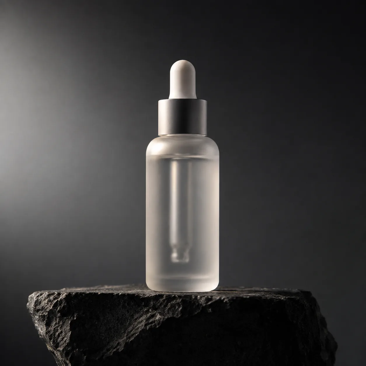 AI-generated product shot of a glass serum bottle on a lit pedestal