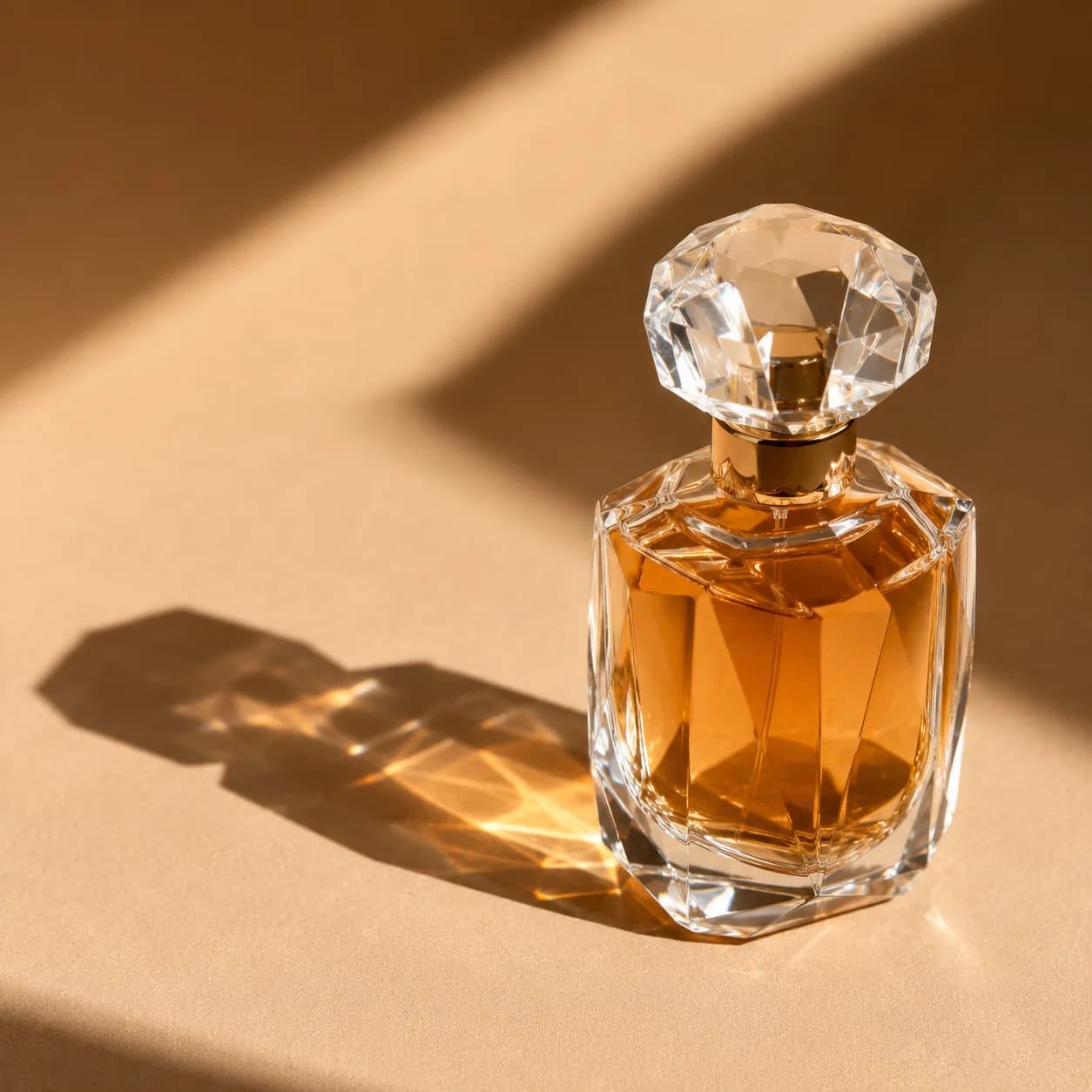 AI-generated product shot of a perfume bottle with hard shadows