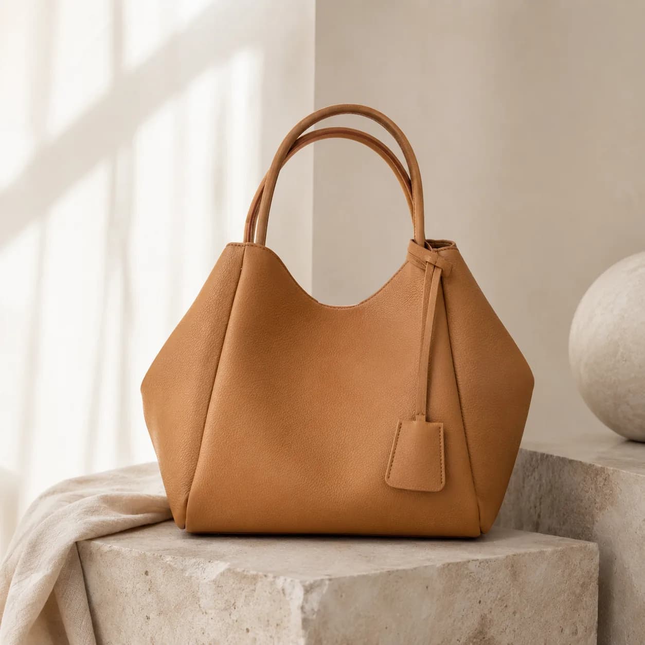 AI-generated product shot of a leather handbag on a stone plinth
