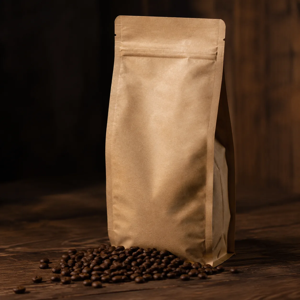 AI-generated product shot of a coffee bag styled with roasted beans