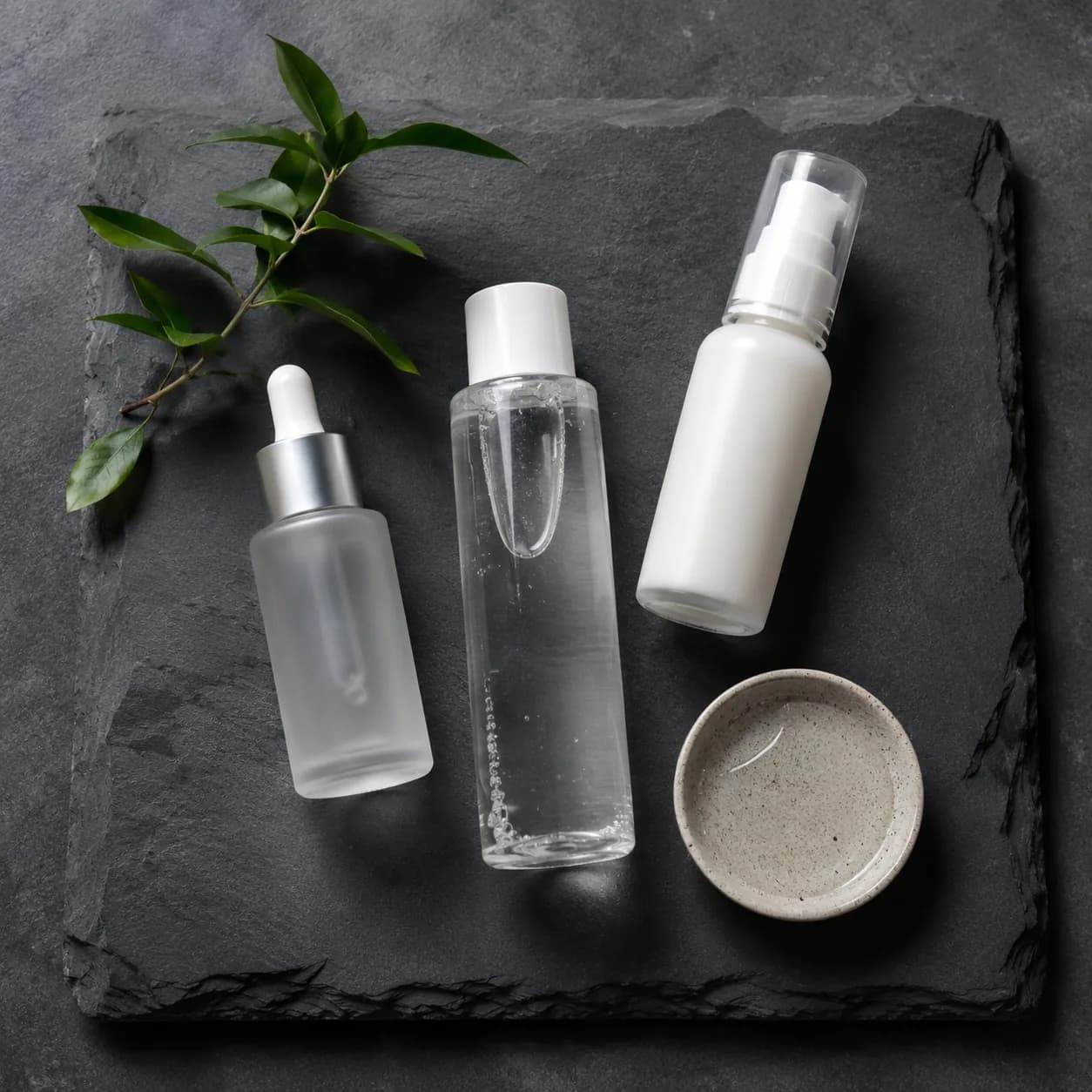 AI-generated flat lay of a three-piece skincare set