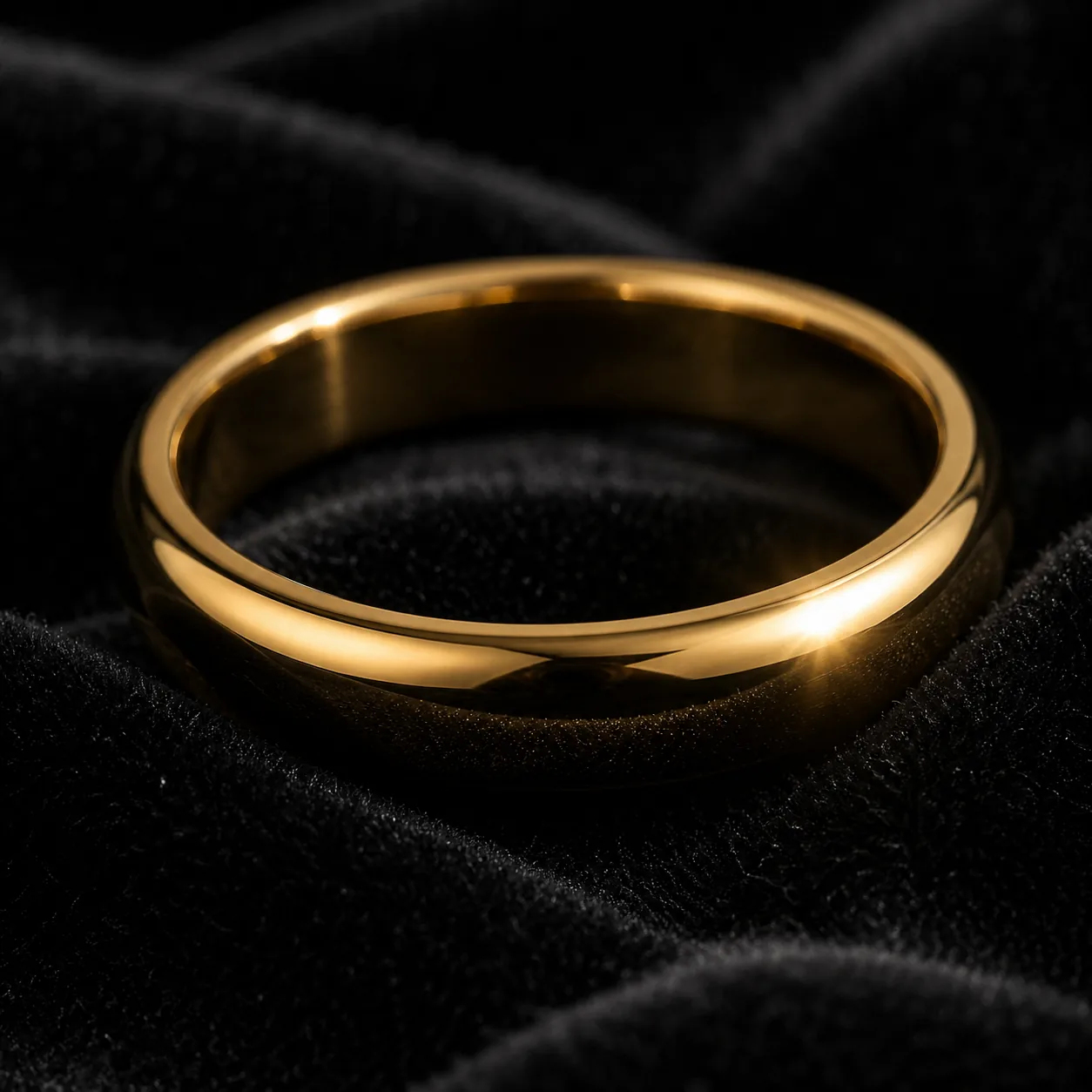 AI-generated macro product shot of a gold ring on dark velvet