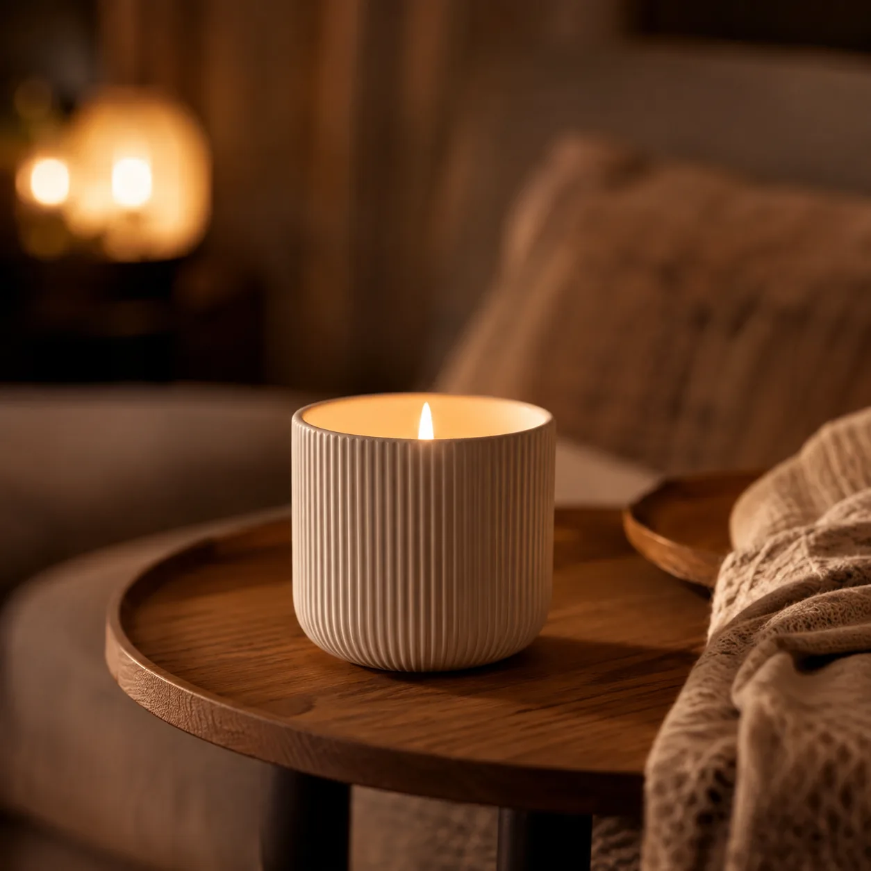 AI-generated product shot of a ceramic candle in a styled interior