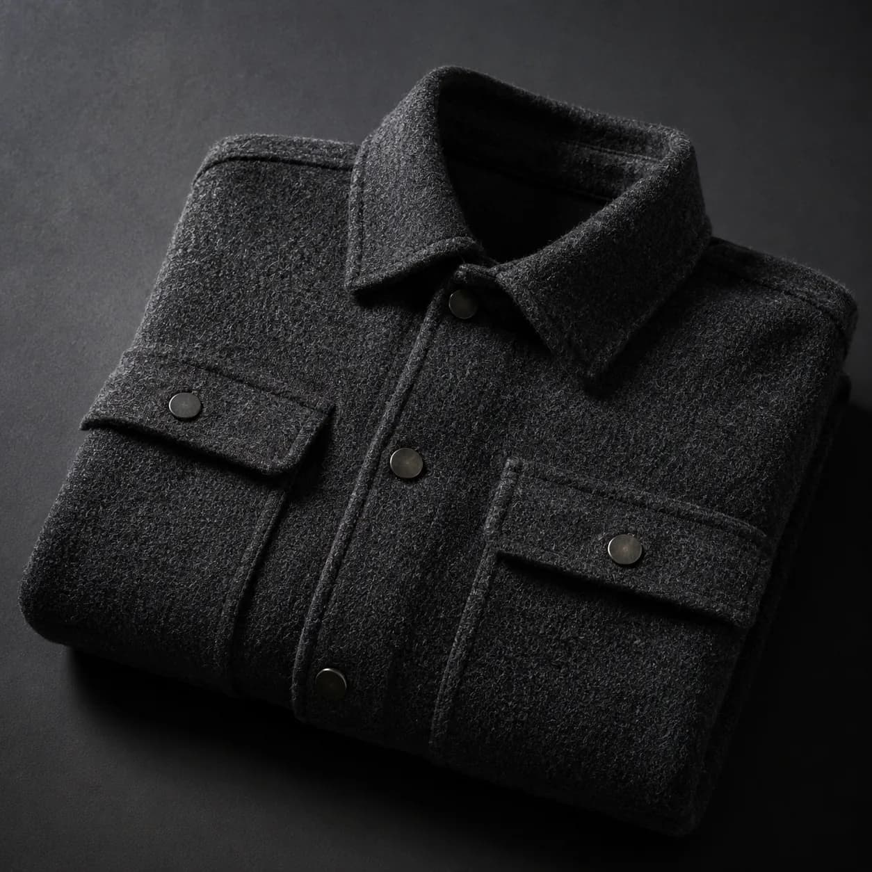 AI-generated product shot of a folded jacket with directional light
