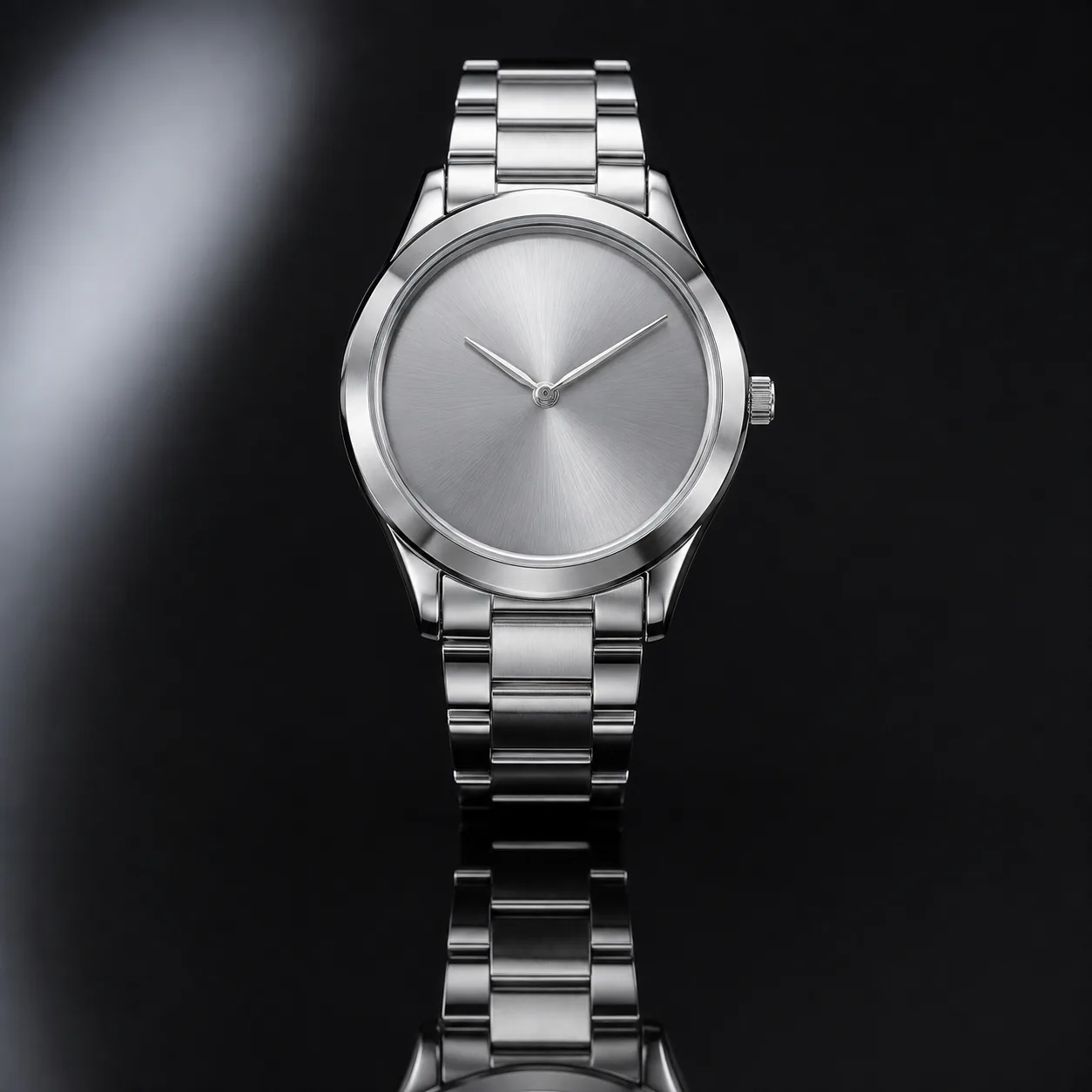 AI-generated product shot of a steel watch on a reflective surface