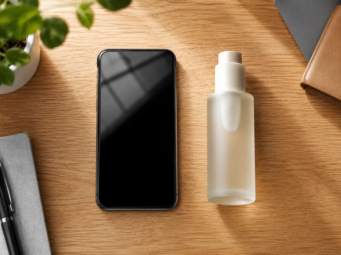 A smartphone lying on a desk beside a single product bottle, seen from above