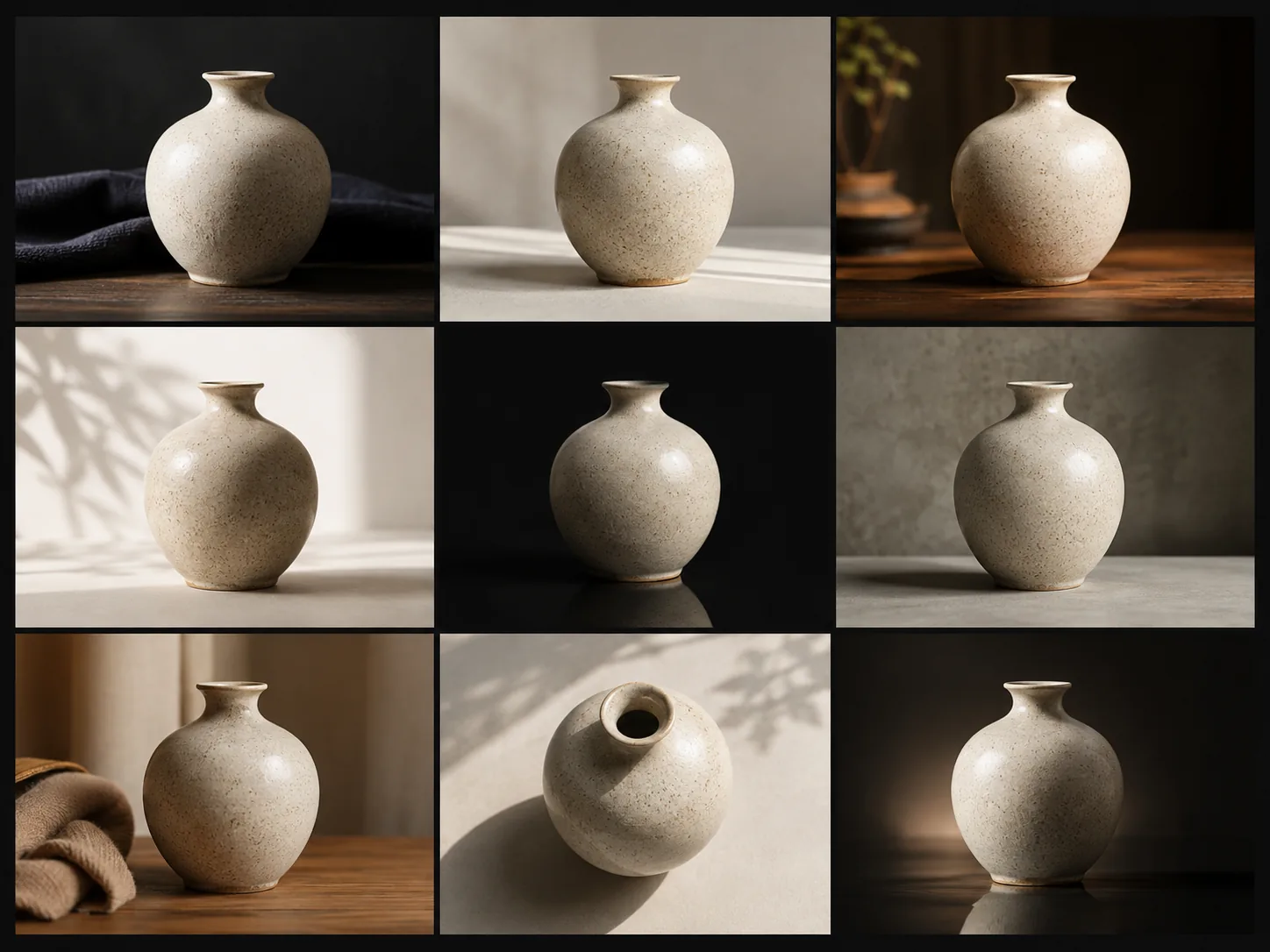 A contact sheet grid of nine product photography styles of the same vase