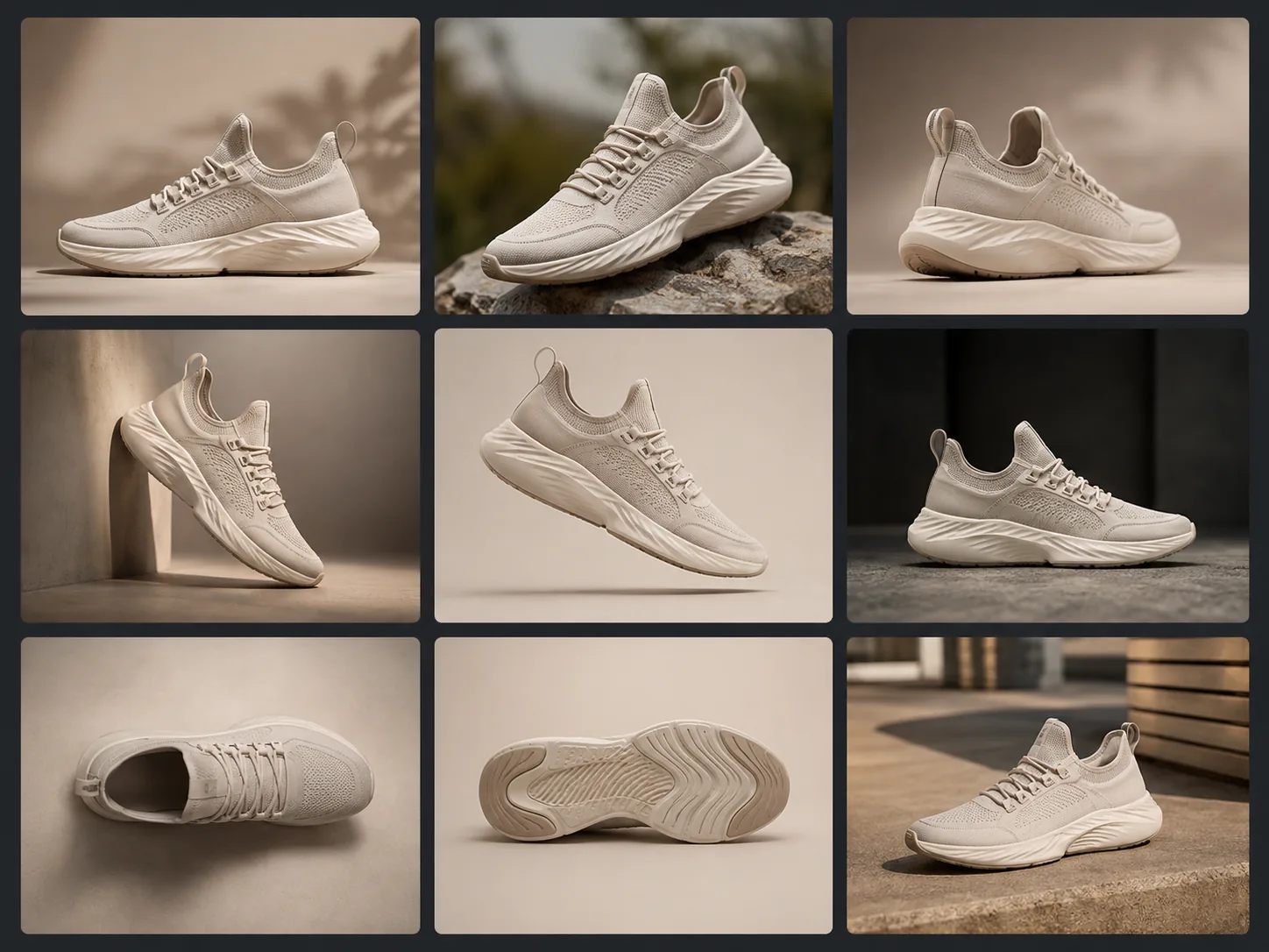 A grid of finished commercial product photographs of one sneaker in different scenes